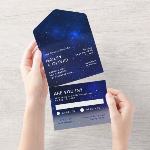 Starry Galaxy Blue Night Sky Wedding All In One Invitation