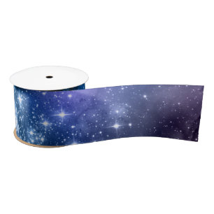 Starry Galaxy Blue Night Sky White Sparkle Pattern Satin Ribbon