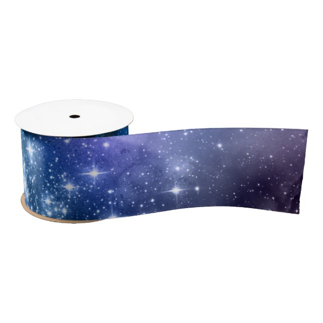 Starry Galaxy Blue Night Sky White Sparkle Pattern Satin Ribbon (Spool)