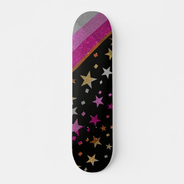 Starry Gay Pride Flag Sparkly Lesbian Glitter Skateboard (Front)