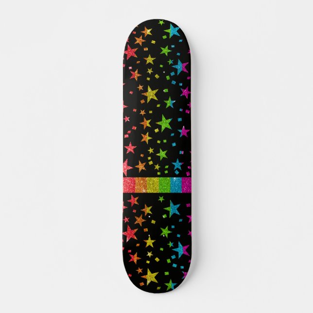 Starry Gay Pride Flag Sparkly Rainbow Glitter Skateboard (Front)