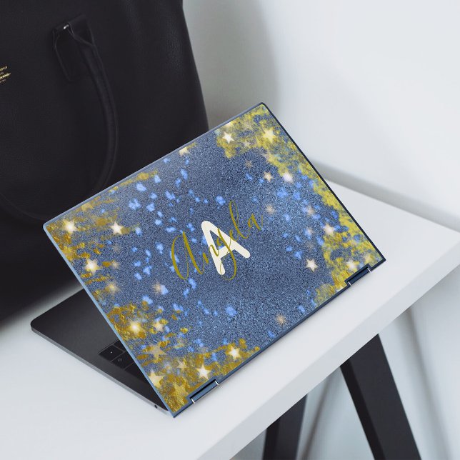 Starry Glittery Blue Gold Modern Glam Monogram HP Laptop Skin (Creator Uploaded)