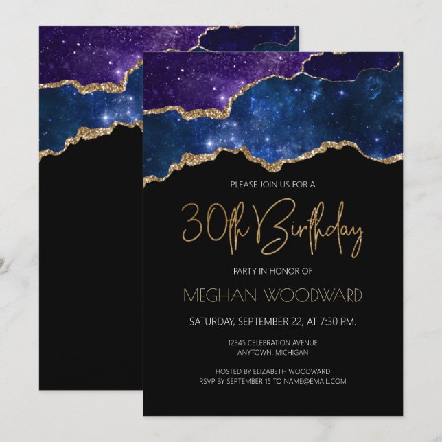 Starry Gold Agate Geode 30th Birthday Party Invitation (Front/Back)