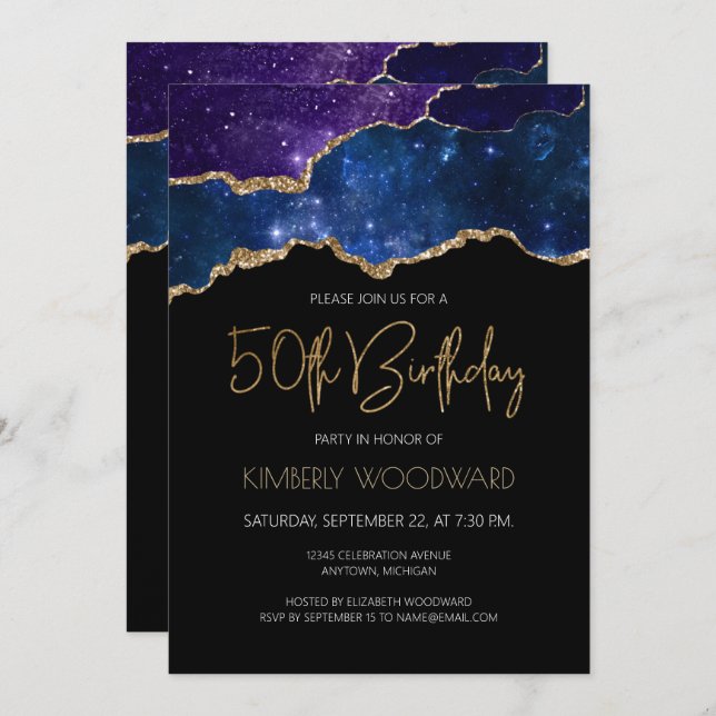 Starry Gold Agate Geode 50th Birthday Party Invitation (Front/Back)