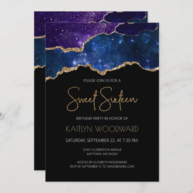 Starry Gold Agate Geode Sweet 16 Birthday Party Invitation (Front/Back)