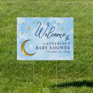 Starry Gold Moon Blue Watercolor Baby Shower Sign