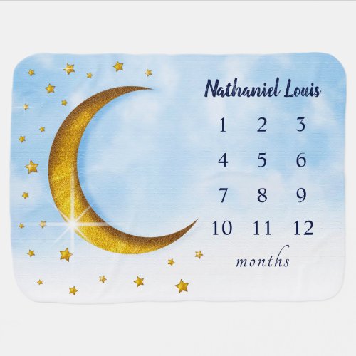 Starry Gold Moon Blue Watercolor Monthly Milestone Baby Blanket