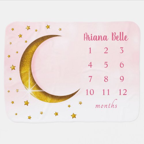 Starry Gold Moon Pink Watercolor Monthly Milestone Baby Blanket