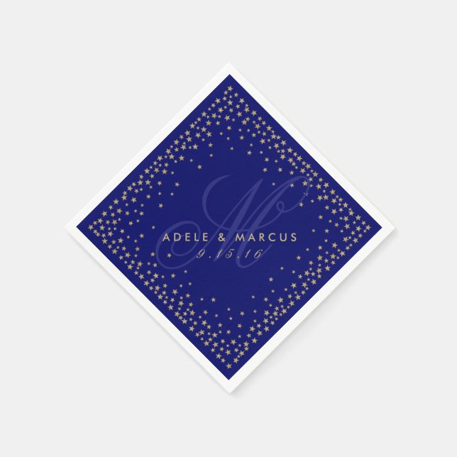 Starry Gold & Navy Blue Monogram Wedding Napkins (Corner)