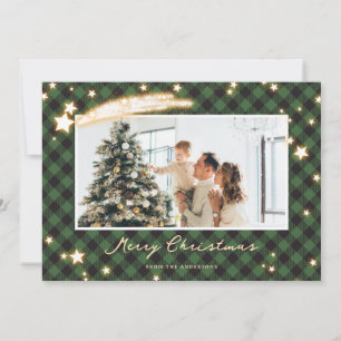 Starry Green Buffalo Plaid Photo Christmas Cards