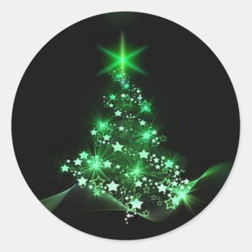 Starry Green Christmas Tree Round Sticker