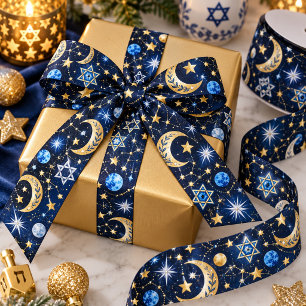 Starry Hanukkah Night Gold & Blue Satin Ribbon