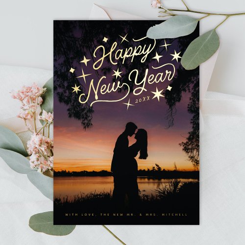 Starry Happy New Year Photo Foil Holiday Card