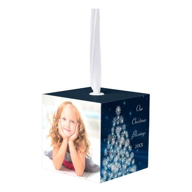 Starry Holiday Tree Blessings Photo Template Cube Ornament (Back Angled)
