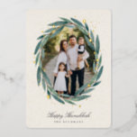 Starry Laurel | Hanukkah Photo Foil Holiday Card<br><div class="desc">Send Hanukkah greetings to friends and family in chic style with our elegant photo cards. Your favorite vertical or portrait oriented image is framed by an oval laurel wreath of green watercolor eucalyptus leaves on a warm ivory background accented with gold foil stars. Personalize with your custom holiday greeting and...</div>