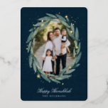 Starry Laurel | Hanukkah Photo Foil Holiday Card<br><div class="desc">Send Hanukkah greetings to friends and family in chic style with our elegant photo cards. Your favorite vertical or portrait oriented image is framed by an oval laurel wreath of green watercolor eucalyptus leaves on a dark navy blue background accented with gold foil stars. Personalize with your custom holiday greeting...</div>