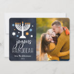 Starry Lights | Hanukkah Photo Card<br><div class="desc">Festive Hanukkah photo card features your favorite photo aligned at the right,  with "joyous Hanukkah" in white lettering on a rich navy blue background adorned with stars and a lit menorah. Personalize with your names and the year.</div>