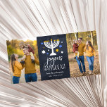 Starry Lights Hanukkah Photo Card<br><div class="desc">Festive and cute Hanukkah photo card features two favorite photos. "Joyous Hanukkah" appears in the center in white lettering on a navy blue background accented with a lit menorah and white,  blue and gold stars. Personalize with your names beneath in white lettering.</div>
