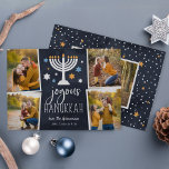 Starry Lights | Hanukkah Photo Collage Card<br><div class="desc">Festive Hanukkah photo card features four photos in a collage layout,  with "joyous Hanukkah" in white lettering on a navy blue background accented with a lit menorah and white,  blue and gold stars. Personalize with your names beneath,  and add an additional photo to the back.</div>
