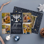 Starry Lights | Hanukkah Photo Collage Card<br><div class="desc">Festive Hanukkah photo card features four photos in a collage layout,  with "joyous Hanukkah" in white lettering on a navy blue background accented with a lit menorah and white,  blue and gold stars. Personalize with your names beneath,  and add an additional photo to the back.</div>