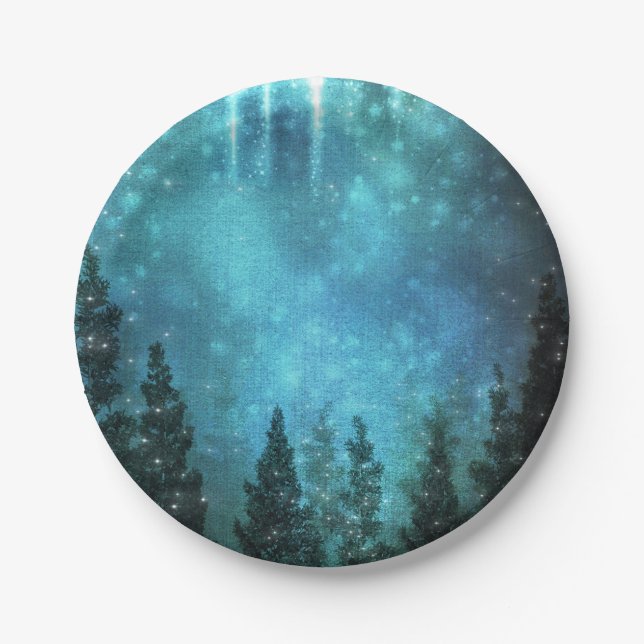 Starry Lights Rustic Pine Trees Country Wedding Paper Plates (Front)