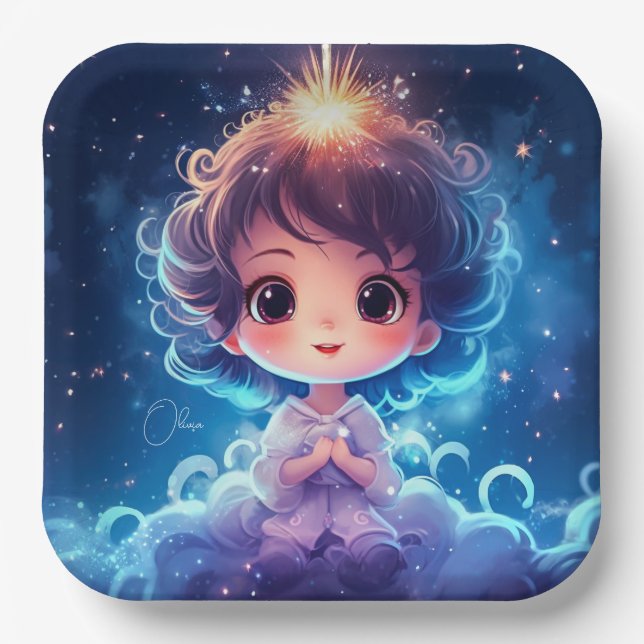 Starry Little Princess Nighttime Girly Personalize Paper Plates (Front)