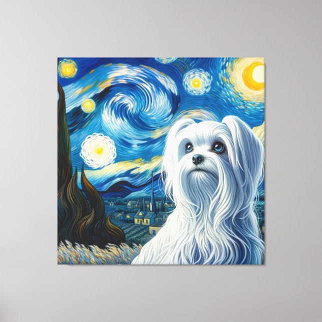 Starry Maltese Dog Portrait - Pet Portrait Canvas Print (Front)