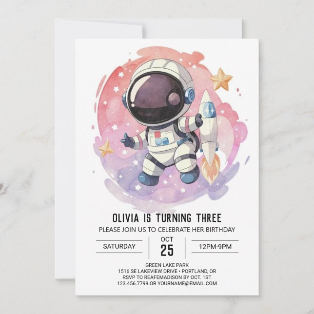 Starry Modern Odyssey Astronaut Birthday Invitation (Front)