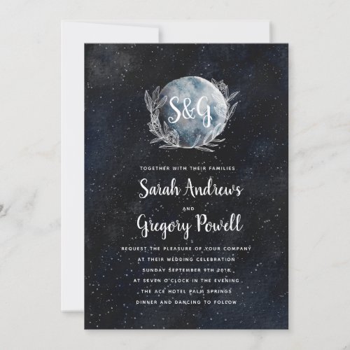 Starry Moonlit Night Monogram Wedding Invitation