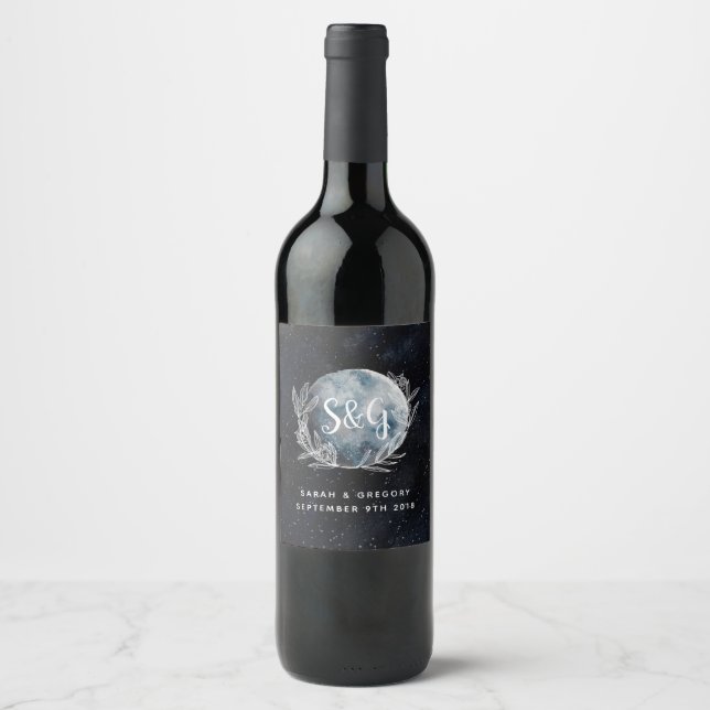 Starry Moonlit Night Monogram Wedding Wine Label (Front)