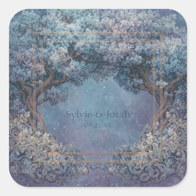 Starry Nebula Night Gnarled Tree Frame Wedding Square Sticker (Front)