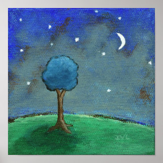 Starry Night, Abstract Tree Stars Moon Landscape Poster