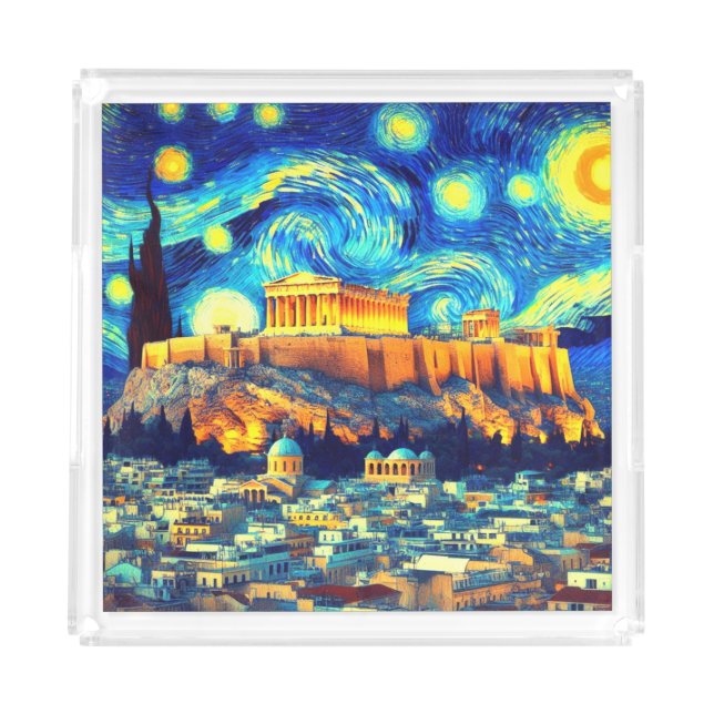 Starry Night Acropolis Athens Greece Acrylic Tray (Front)