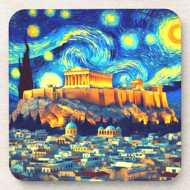Starry Night Acropolis Athens Greece Beverage Coaster (Front)