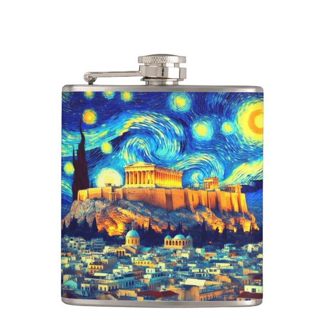 Starry Night Acropolis Athens Greece Flask (Front)