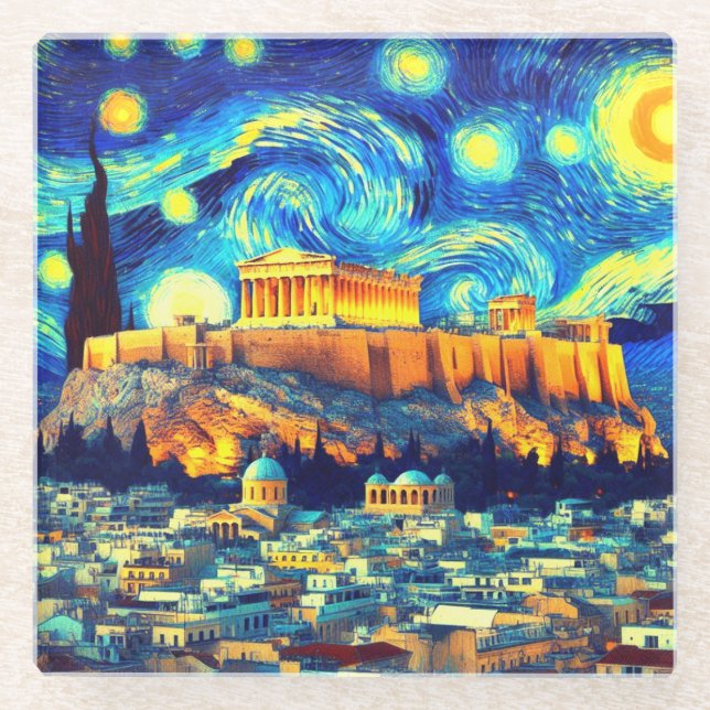 Starry Night Acropolis Athens Greece Glass Coaster (Front)