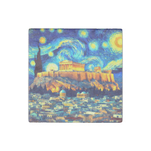 Starry Night Acropolis Athens Greece Stone Magnet