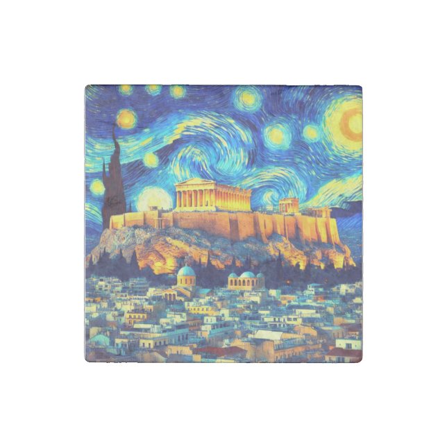 Starry Night Acropolis Athens Greece Stone Magnet (Front)