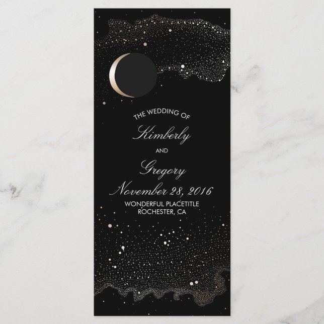 Starry Night and Gold Moon Black Wedding Programs (Front)