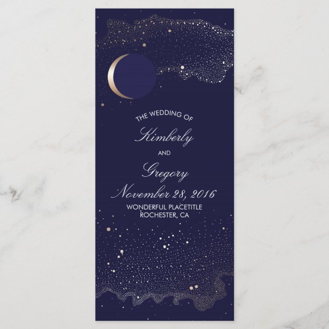 Starry Night and Gold Moon Navy Wedding Programs (Front)