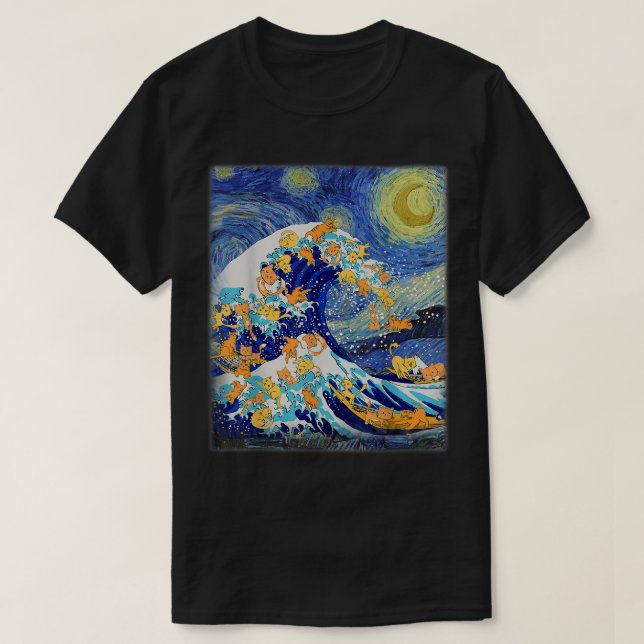 Starry Night and Great Wave Cat, Cat Lover, Cat Mo T-Shirt (Design Front)