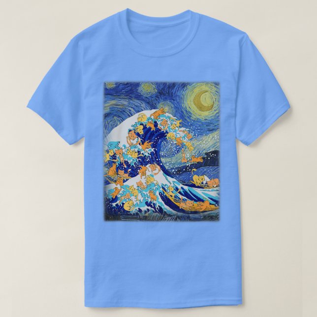 Starry Night and Great Wave Cat, Cat Lover, Cat Mo T-Shirt (Design Front)