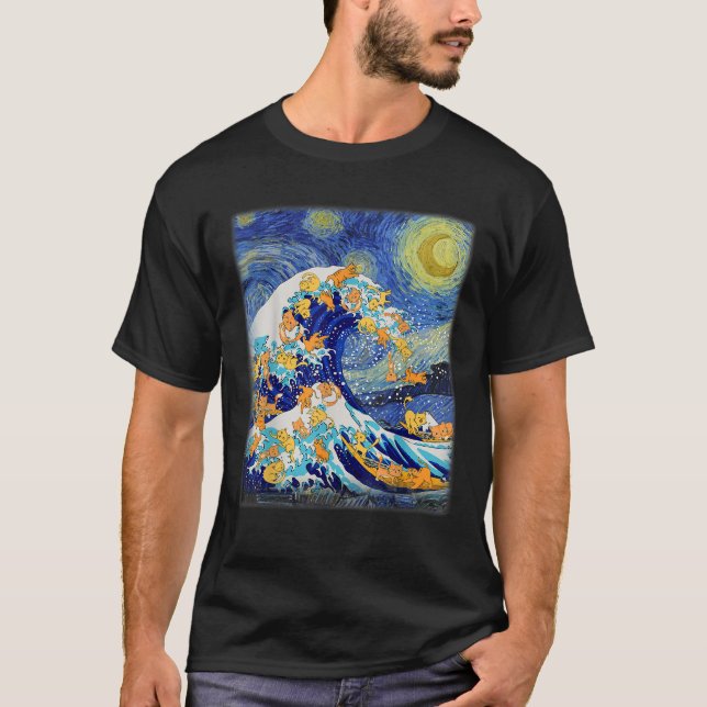 Starry Night and Great Wave Cat Cat Lover Cat Mom  T-Shirt (Front)