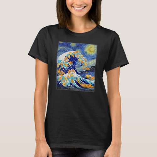 Starry Night and Great Wave Cat Cat Lover Cat Mom T_Shirt
