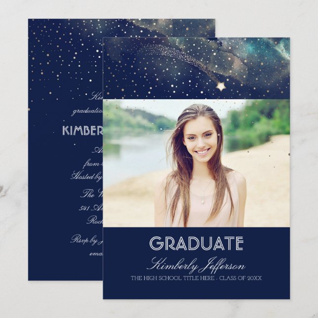 Starry Night and Shooting Star Photo Graduation Invitation (Front/Back)