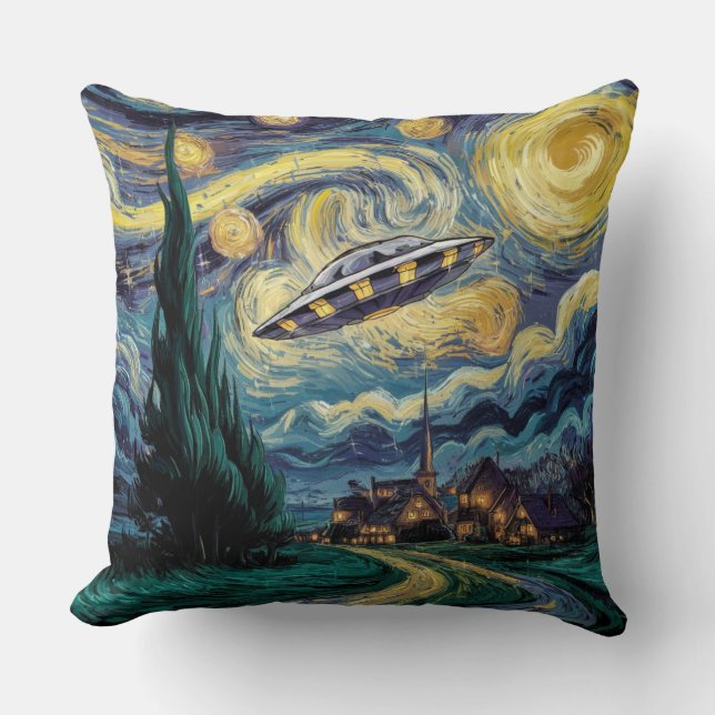Starry Night and UFO Throw Pillow (Front)
