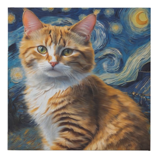 Starry Night Art With a Cat Faux Canvas Print (Front)