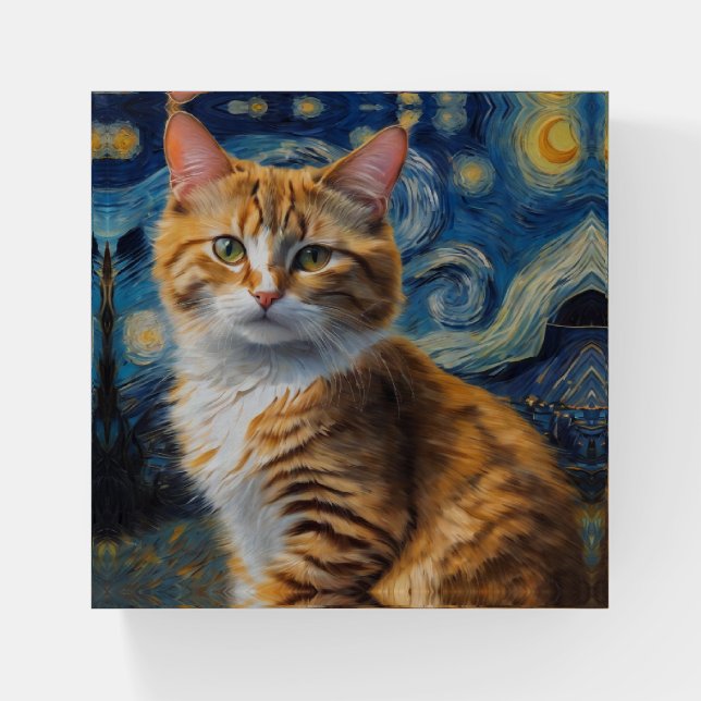 Starry Night Art With a Cat Paperweight (Front)