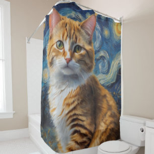 Starry Night Art With a Cat Shower Curtain
