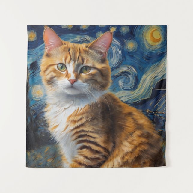 Starry Night Art With a Cat Tapestry (Front)